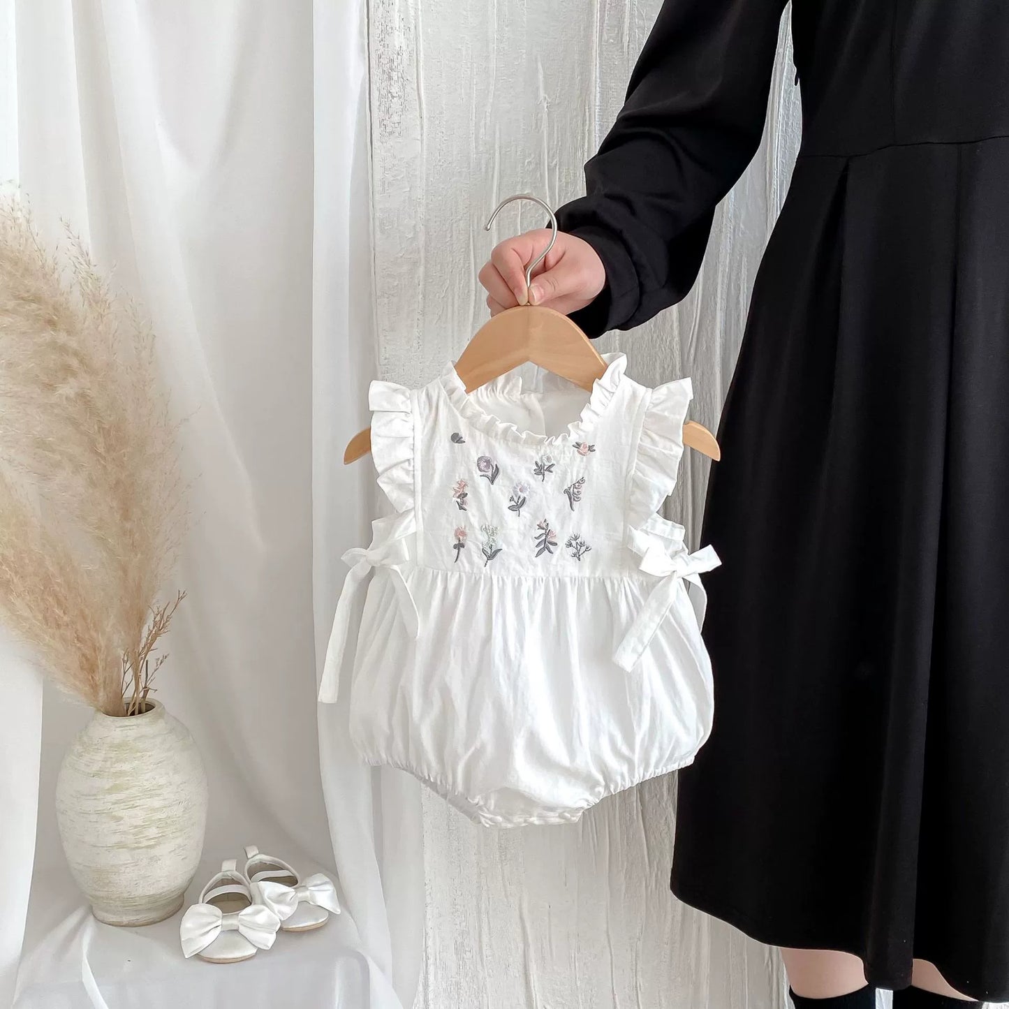 Summer Arrival Baby Girls Flowers Embroidered Fly Sleeves Onesies