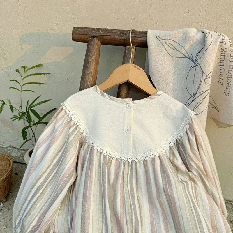 Autumn Arrival Baby Kids Girls Cherry Embroidery Pattern Long Sleeves Striped Dress