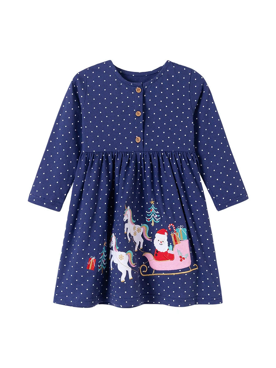 Autumn and Spring Arrival Christmas Cartoon and Dots Pattern Long Sleeves Crew Neck Dress for Stylish Girls-4