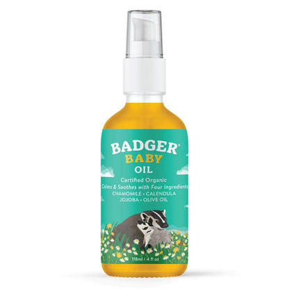 Badger Baby Oil with Chamomile Calendula All Organic Ingredients Soften Moisturize with Organic Baby Oil for Dry Skin or Cradle Cap Soothing Baby Oil for Newborns 4 fl oz Glass Bottle