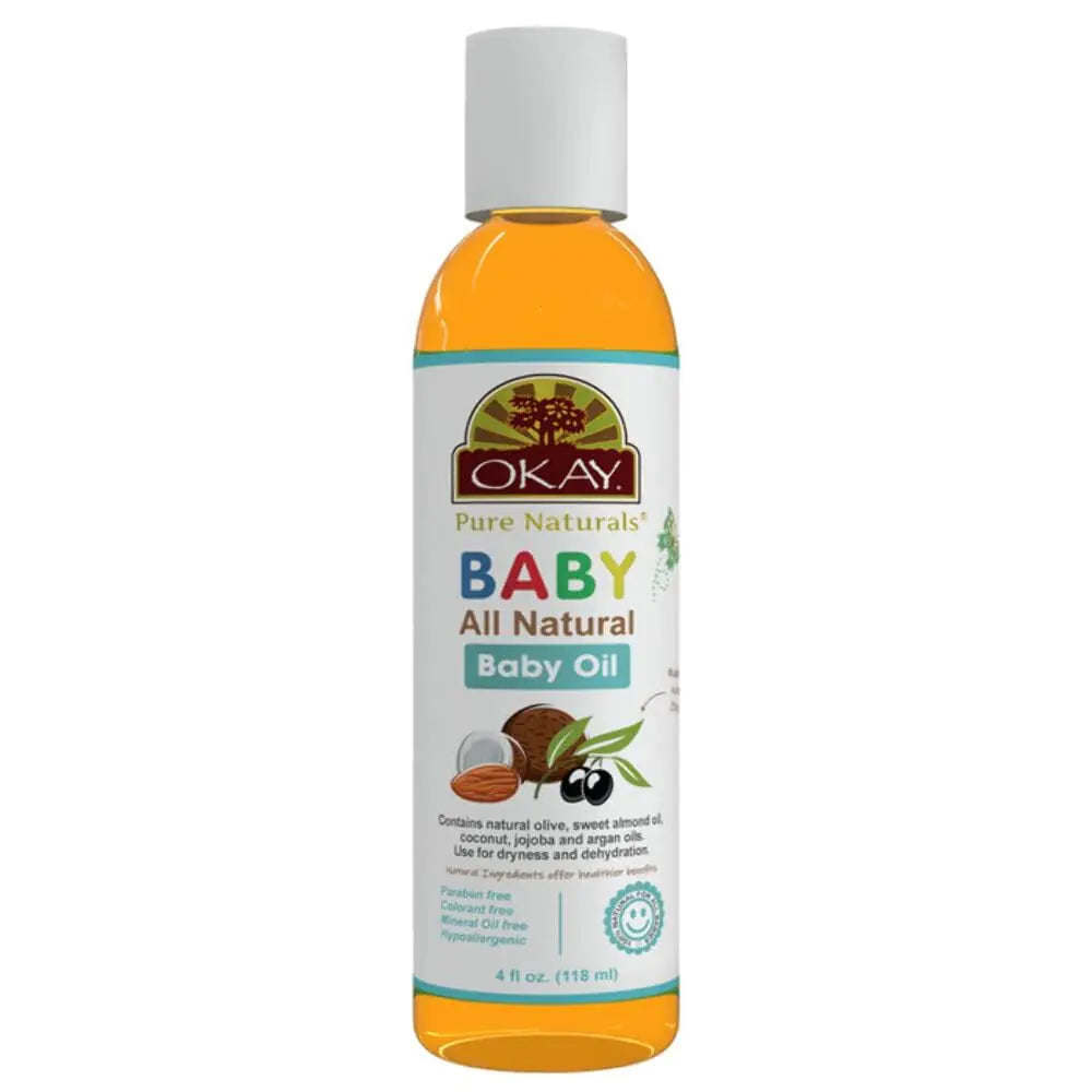 OKAY Pure Naturals Baby Oil - Baby Oil for Newborn Baby Hair & Body Oil for Dry Skin Scalp Bath Shower with Jojoba Coconut Almond & Olive Oil Unscented Fragrance Free - 4 Fl Oz (Pack of 1)
