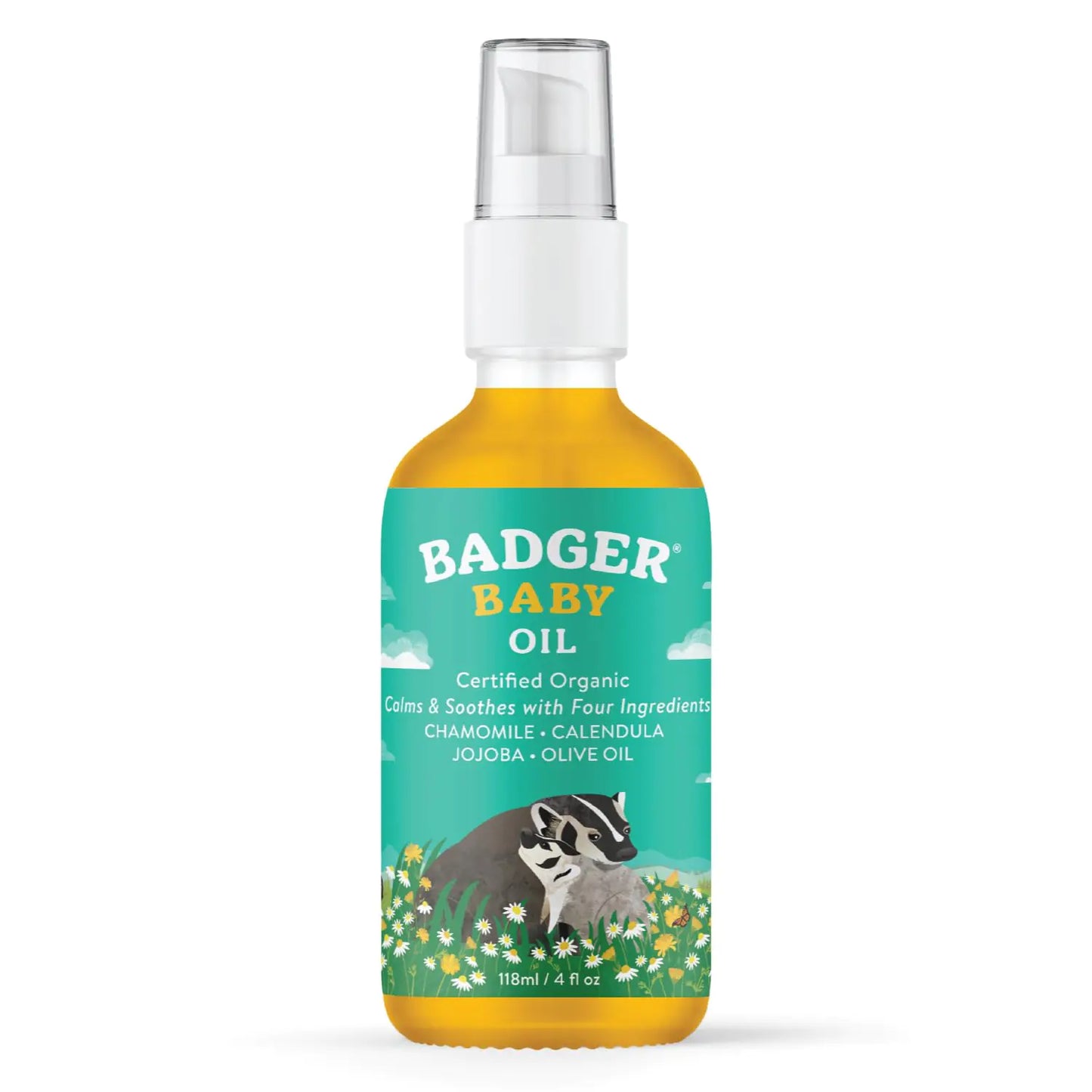 Badger Baby Oil with Chamomile Calendula All Organic Ingredients Soften Moisturize with Organic Baby Oil for Dry Skin or Cradle Cap Soothing Baby Oil for Newborns 4 fl oz Glass Bottle