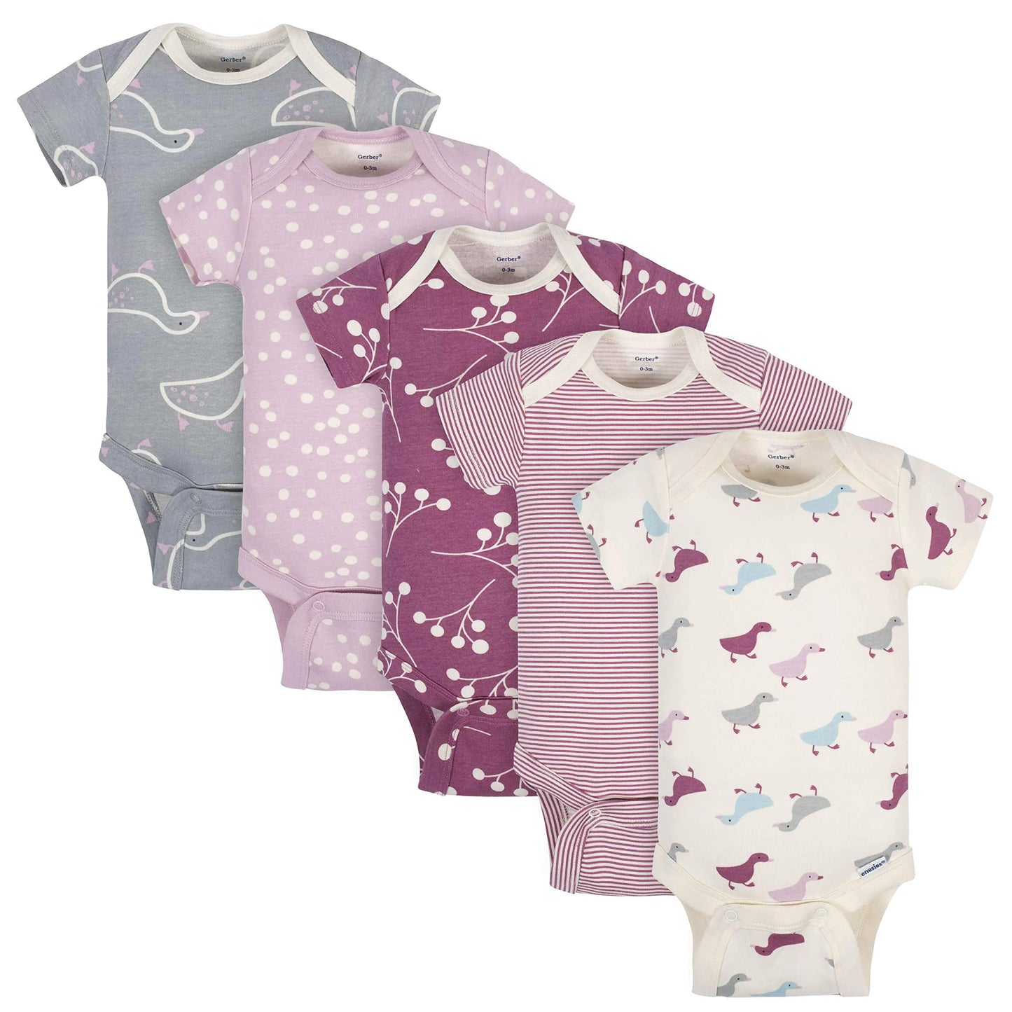Grow by Gerber Baby Girls 5-Pack Short-Sleeve Onesies Bodysuits Grey/Pink/Ivory 3-6 Months