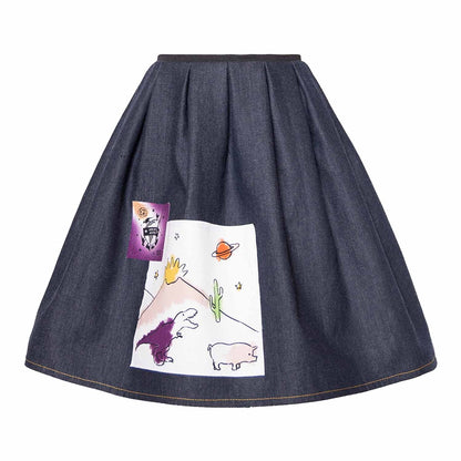 Blue Denim Skirt with Appliqué