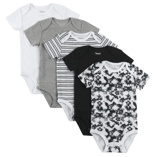 Hanes Unisex Baby Bodysuits Ultimate Flexy Short Sleeve For Boys & Girls 5-pack White/Grey/Black 12-18 Months US