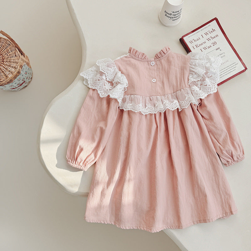 Arrival Autumn Girls Floral Embroidery Pattern Long Sleeves Ruffle Neck Dress-1