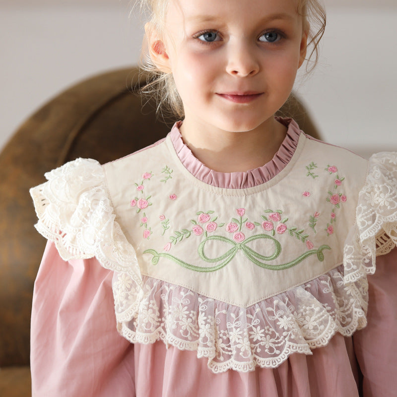 Design Autumn Girls Flowers Embroidery Pattern Long Sleeves French Style Lace Trim Dress-1