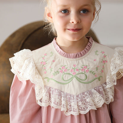 Design Autumn Girls Flowers Embroidery Pattern Long Sleeves French Style Lace Trim Dress-1