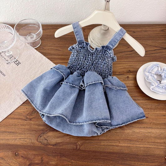 Summer Arrival Baby Girls Cute Sleeveless Denim Pleated Dress Design Strap Onesies
