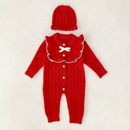 Autumn Arrival Unisex Baby’s Geometric Jacquard Pattern Knitted Rompers with Hat-3