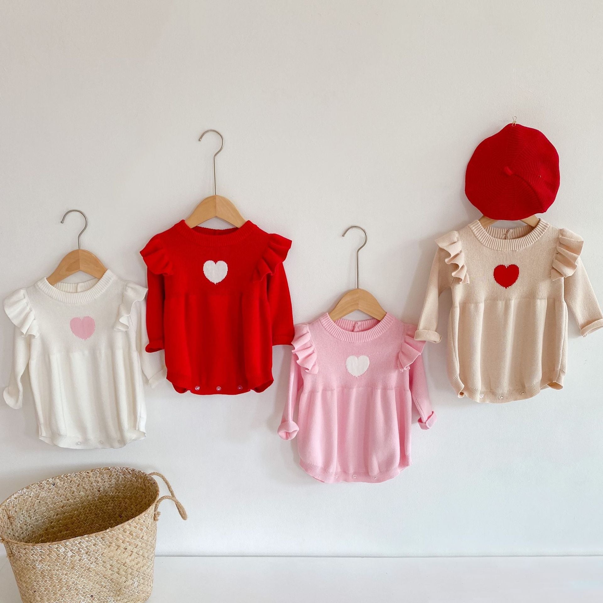 Baby Girl Heart Embroidered Pattern Ruffle Long Sleeve Knit Onesies-0