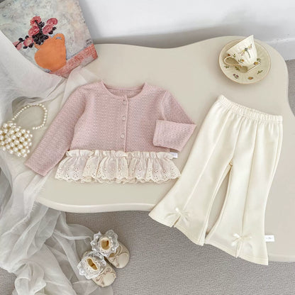 Spring and Autumn Kids Girls Jacquard Pattern Long Sleeves Single Breasted Top and Pants Clothing Set-1