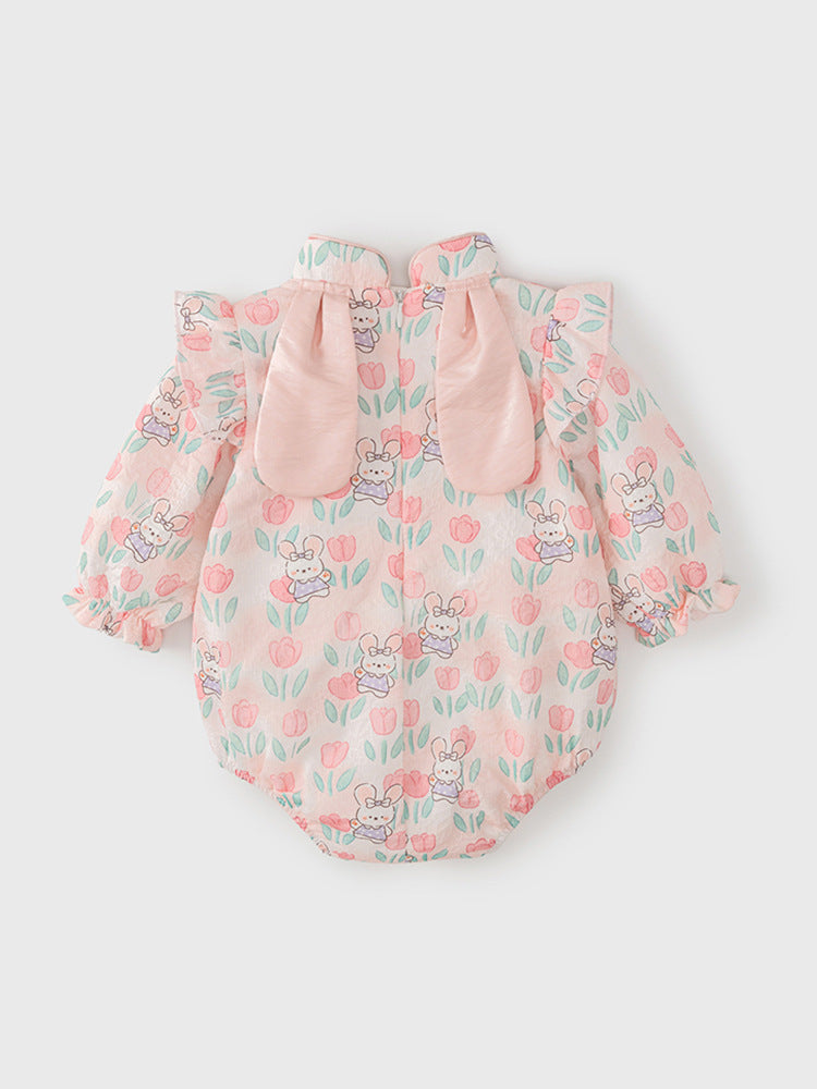 Autumn Arrival Baby Girls Flowers and Rabbits Pattern Long Sleeves Onesies with Stand Collar-1