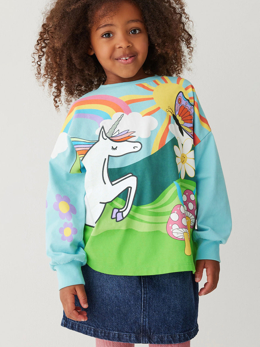 Arrival Autumn Girls’ Vivid Unicorn Cartoon Long Sleeves T-shirt in European and American Style-2