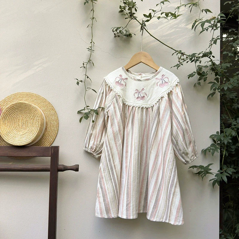 Autumn Arrival Baby Kids Girls Cherry Embroidery Pattern Long Sleeves Striped Dress