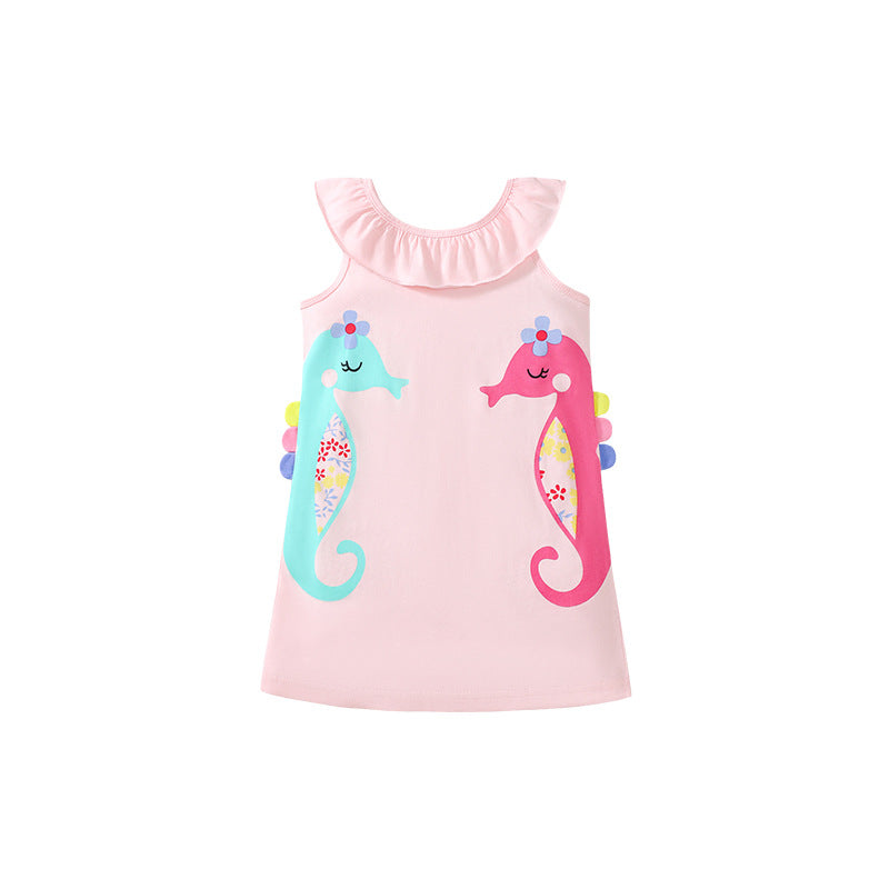 Summer Arrival Seahorse Cartoon Pattern Sleeveless Dress for Stylish Girls