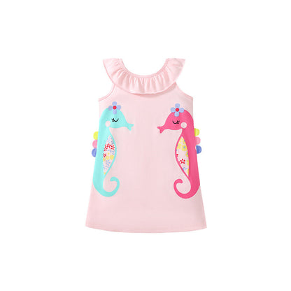 Summer Arrival Seahorse Cartoon Pattern Sleeveless Dress for Stylish Girls