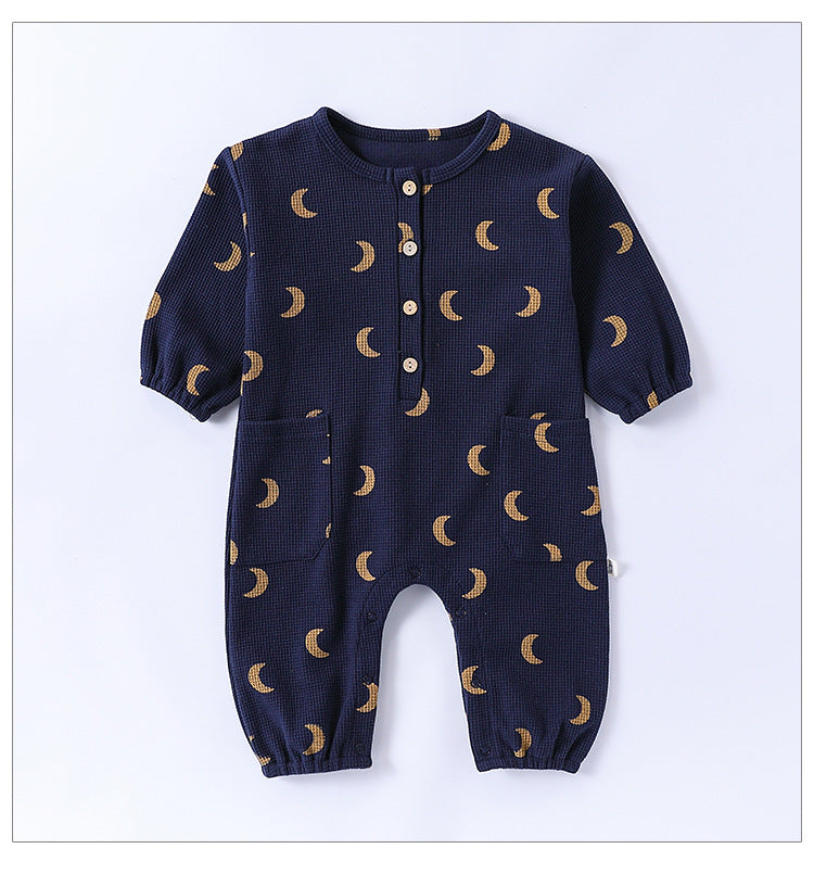 Spring Arrival Baby Unisex Long Sleeves Waffle Grid and Simple Pattern Rompers-4