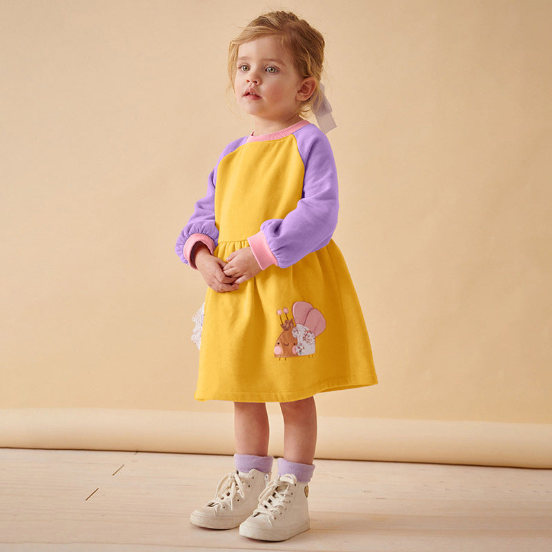 Autumn and Winter Arrival Cartoon Pattern Color Patchwork Long Sleeves Crew Neck Dress for Stylish Girls-0