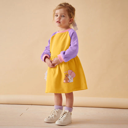 Autumn and Winter Arrival Cartoon Pattern Color Patchwork Long Sleeves Crew Neck Dress for Stylish Girls-0