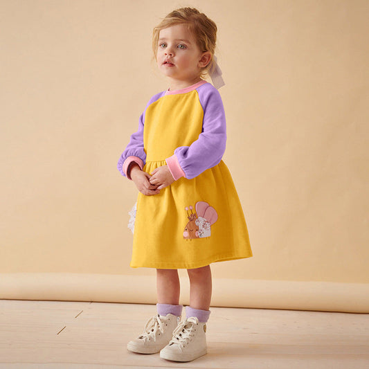 Autumn and Winter Arrival Cartoon Pattern Color Patchwork Long Sleeves Crew Neck Dress for Stylish Girls-0
