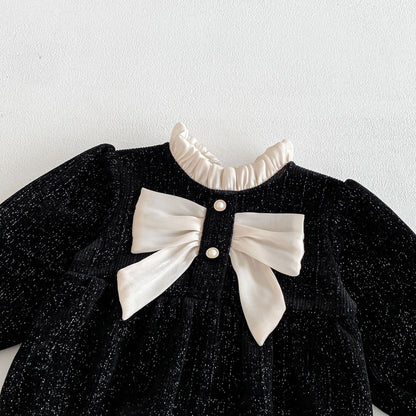 Autumn Arrival Baby Girls Long Sleeves Butterfly-bow Decorated Ruffle Neck Onesies-1