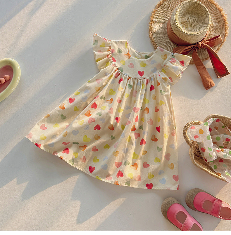Summer Baby Kids Girls Fly Sleeves Colorful Heart Pattern Dress-2