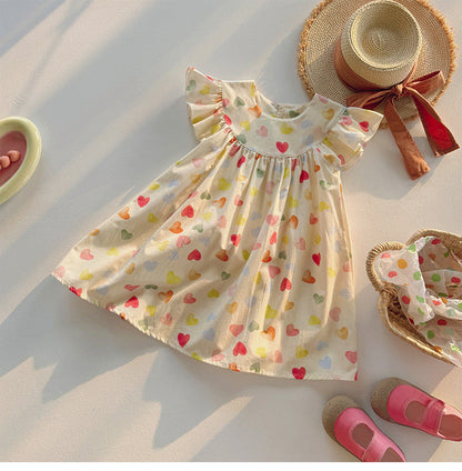 Summer Baby Kids Girls Fly Sleeves Colorful Heart Pattern Dress-2