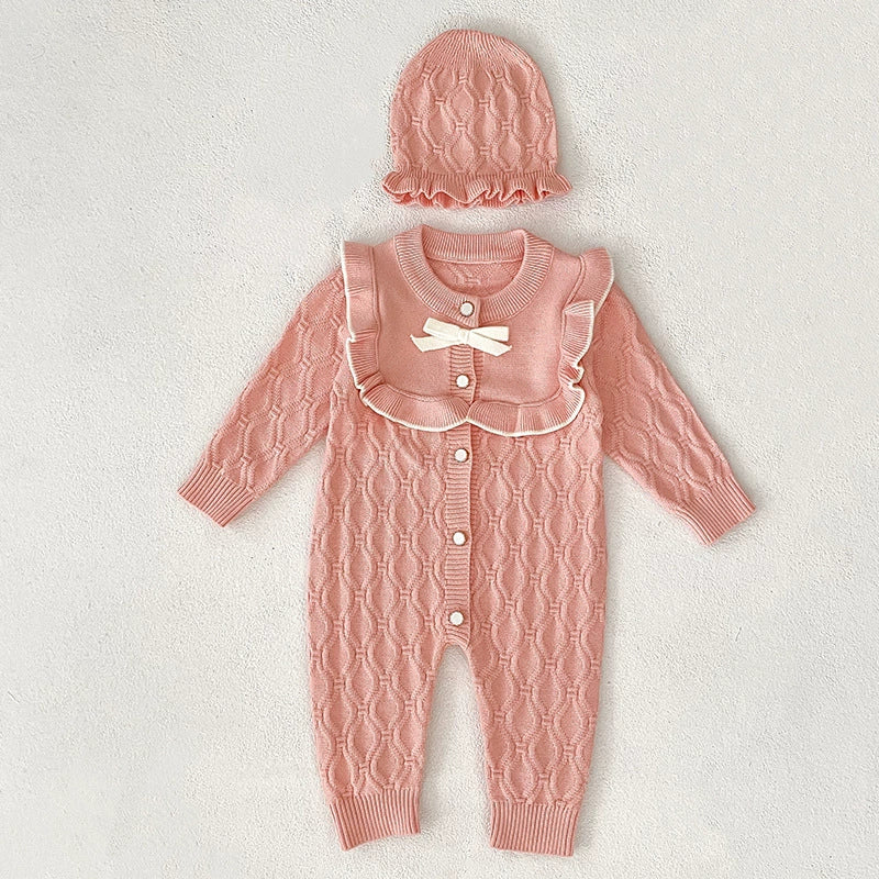 Autumn Arrival Unisex Baby’s Geometric Jacquard Pattern Knitted Rompers with Hat-2