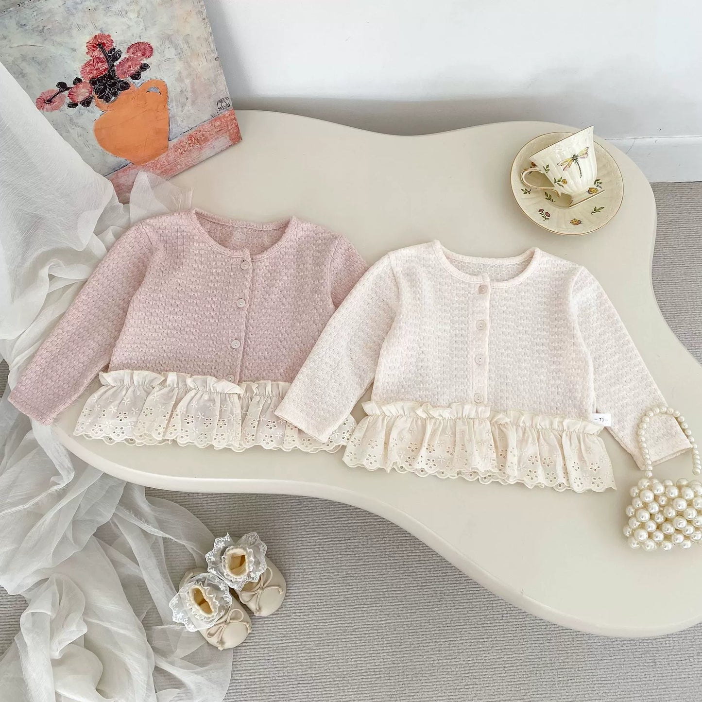 Spring and Autumn Kids Girls Jacquard Pattern Long Sleeves Single Breasted Top and Pants Clothing Set-2