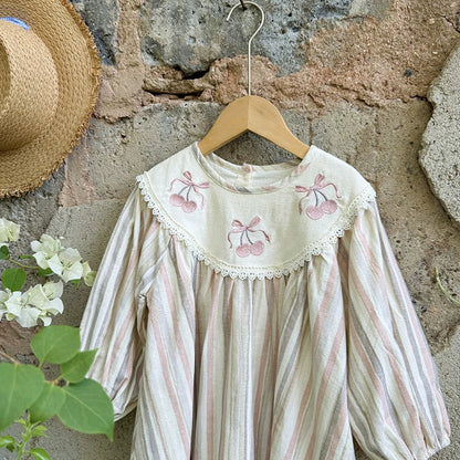 Autumn Arrival Baby Kids Girls Cherry Embroidery Pattern Long Sleeves Striped Dress