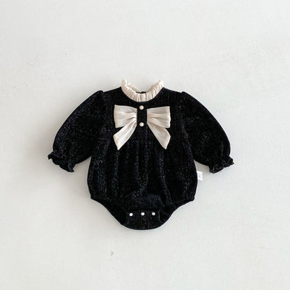 Autumn Arrival Baby Girls Long Sleeves Butterfly-bow Decorated Ruffle Neck Onesies-2
