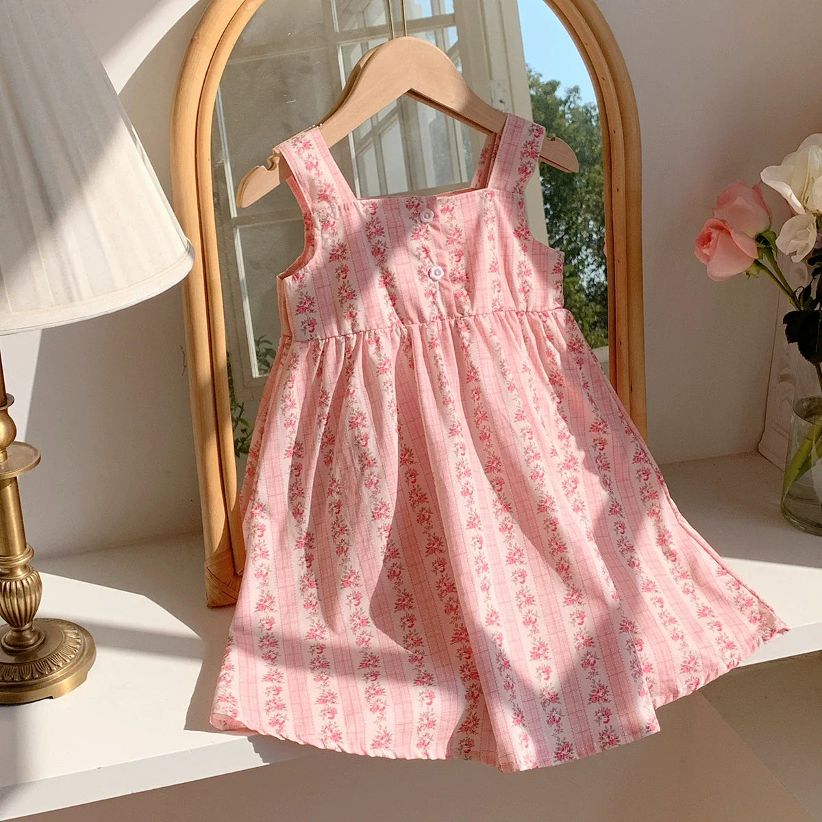 Summer Baby Kids Girls Sleeveless Flowers Pattern Printed Striped Dress-2