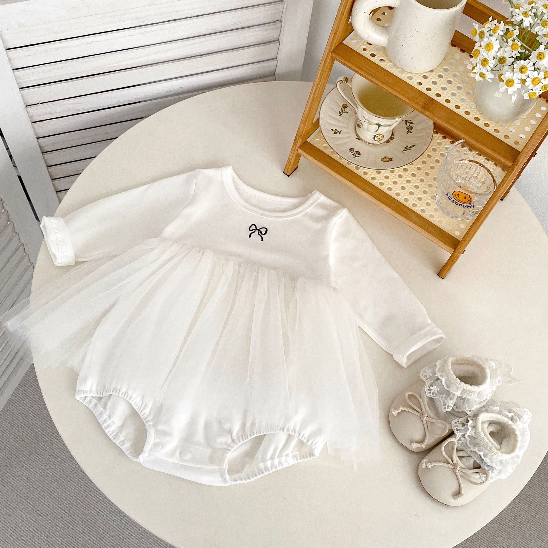 Spring Arrival Baby Girls Long Sleeves Crew Neck Onesies Bodysuits Tulle Patchwork Dress-2