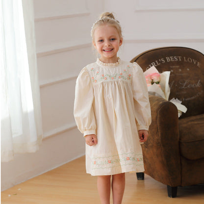 Arrival Autumn Girls Ruffle Neck Long Sleeves Flowers Embroidery Dress-2