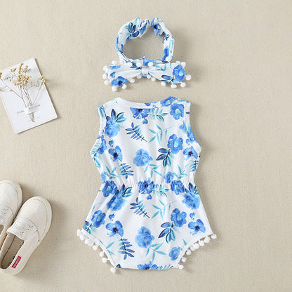 Baby Girl Printed Patterns Lace Design Sleeveless Onesie With Headband