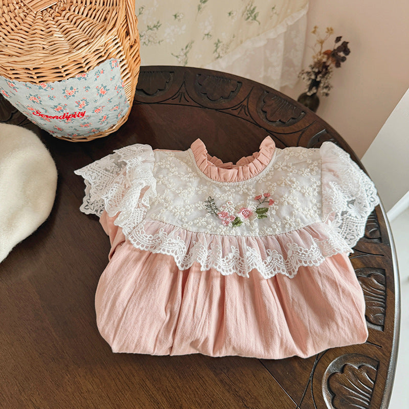 Arrival Autumn Girls Floral Embroidery Pattern Long Sleeves Ruffle Neck Dress-2