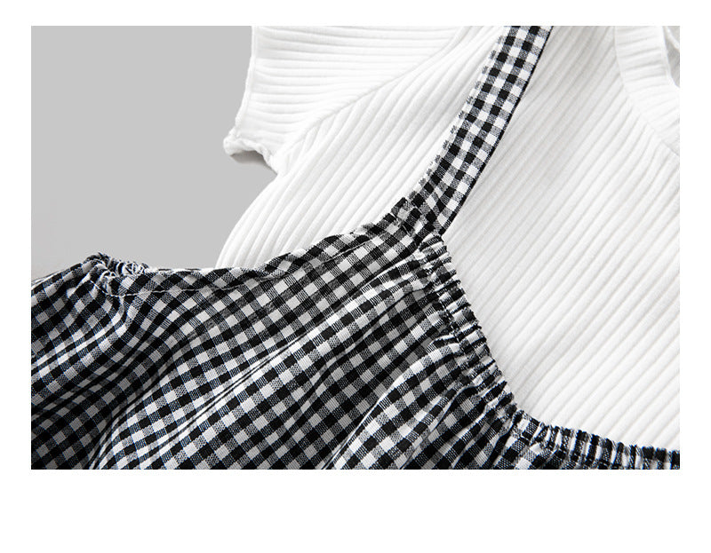 Baby Girl Solid Color Tops Combo Plaid Pattern Overalls Sets-2