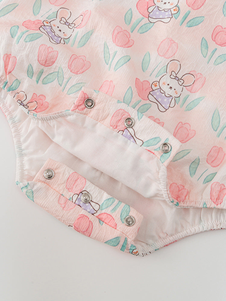 Autumn Arrival Baby Girls Flowers and Rabbits Pattern Long Sleeves Onesies with Stand Collar-2