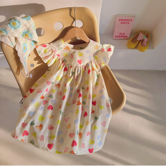 Summer Baby Kids Girls Fly Sleeves Colorful Heart Pattern Dress-0