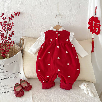 Sping and Winter Arrival Baby Cute Polka Dots Warm Fleece Sleeveless Rompers Vest-3