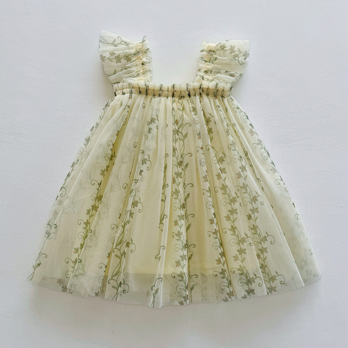 Summer Arrival Floral Pattern Fly Sleeves Tulle Dress for Stylish Girls-2