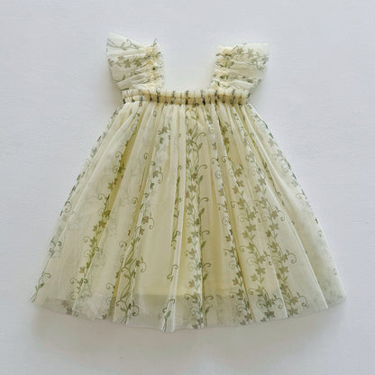 Summer Arrival Floral Pattern Fly Sleeves Tulle Dress for Stylish Girls-2