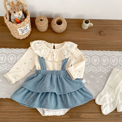 Spring and Autumn Baby Kids Girls Butterfly-bows Pattern Long Sleeves Beige Top and Sleeveless Onesies Overalls Clothing Set-2