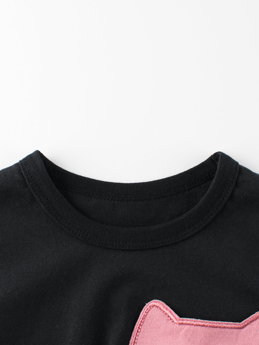 Cat Face Cartoon Pattern Girls T-Shirt In European And American Style For Summer-3