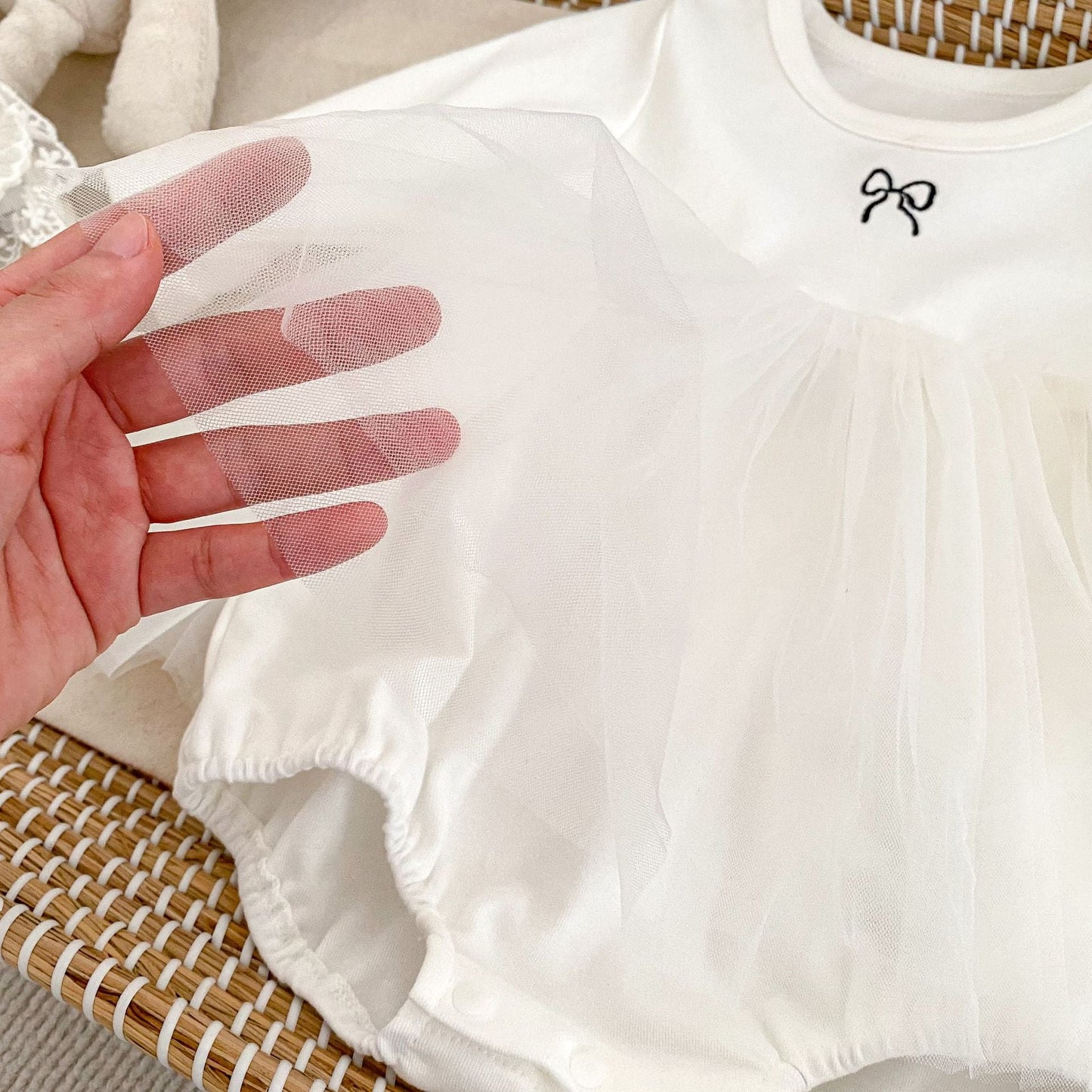 Spring Arrival Baby Girls Long Sleeves Crew Neck Onesies Bodysuits Tulle Patchwork Dress-3