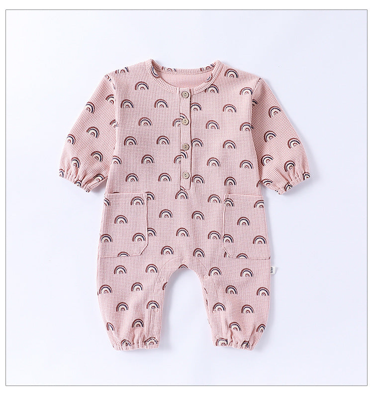 Spring Arrival Baby Unisex Long Sleeves Waffle Grid and Simple Pattern Rompers-5