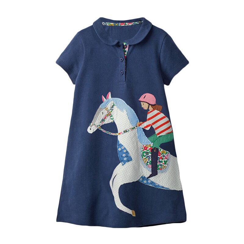 Summer Arrival Girls Short Sleeves Horse Racing Cartoon Turn-Down Collar Dress-3
