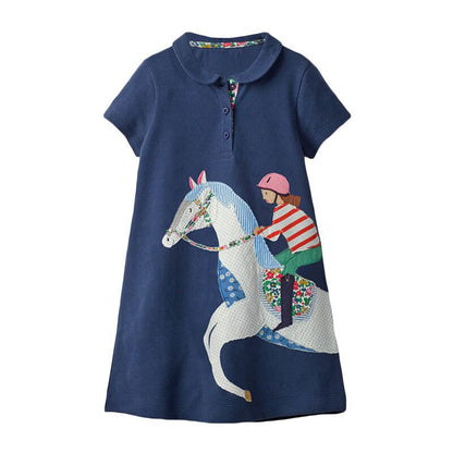 Summer Arrival Girls Short Sleeves Horse Racing Cartoon Turn-Down Collar Dress-3