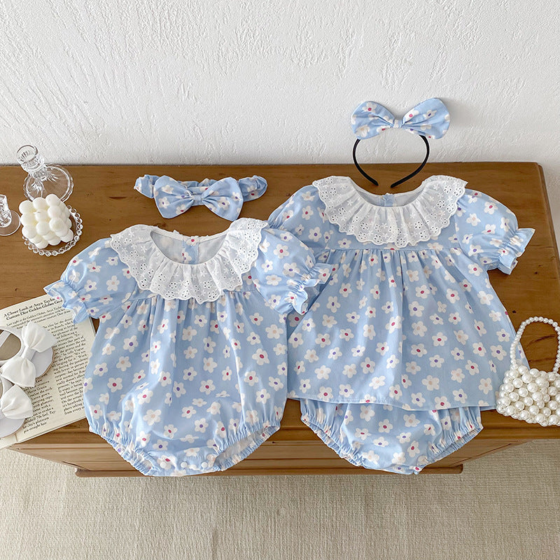 Design Summer Girls Flowers Pattern Short Sleeves Hollow Out Collar Onesies And Clothing Set – Sister Matching Clothing Set